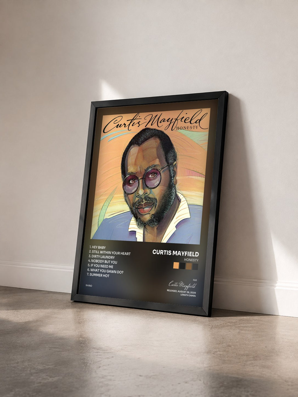 #noir Tableau de l'album Honesty de Curtis Mayfield vu de trois quarts, cadre noir