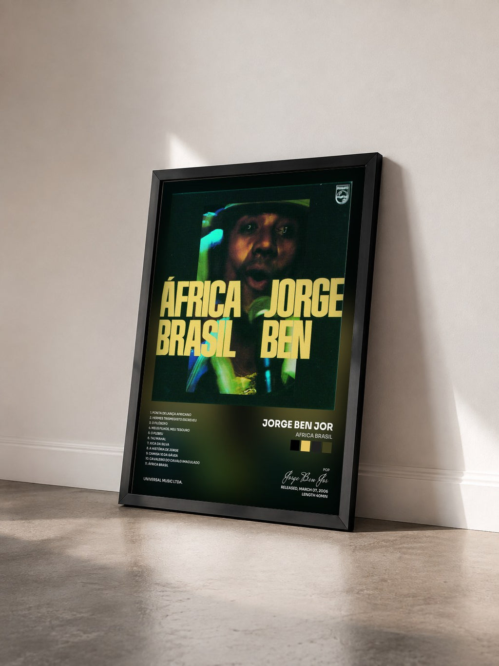 #noir Tableau de l'album Africa Brasil de Jorge Ben Jor vu de trois quarts, cadre noir