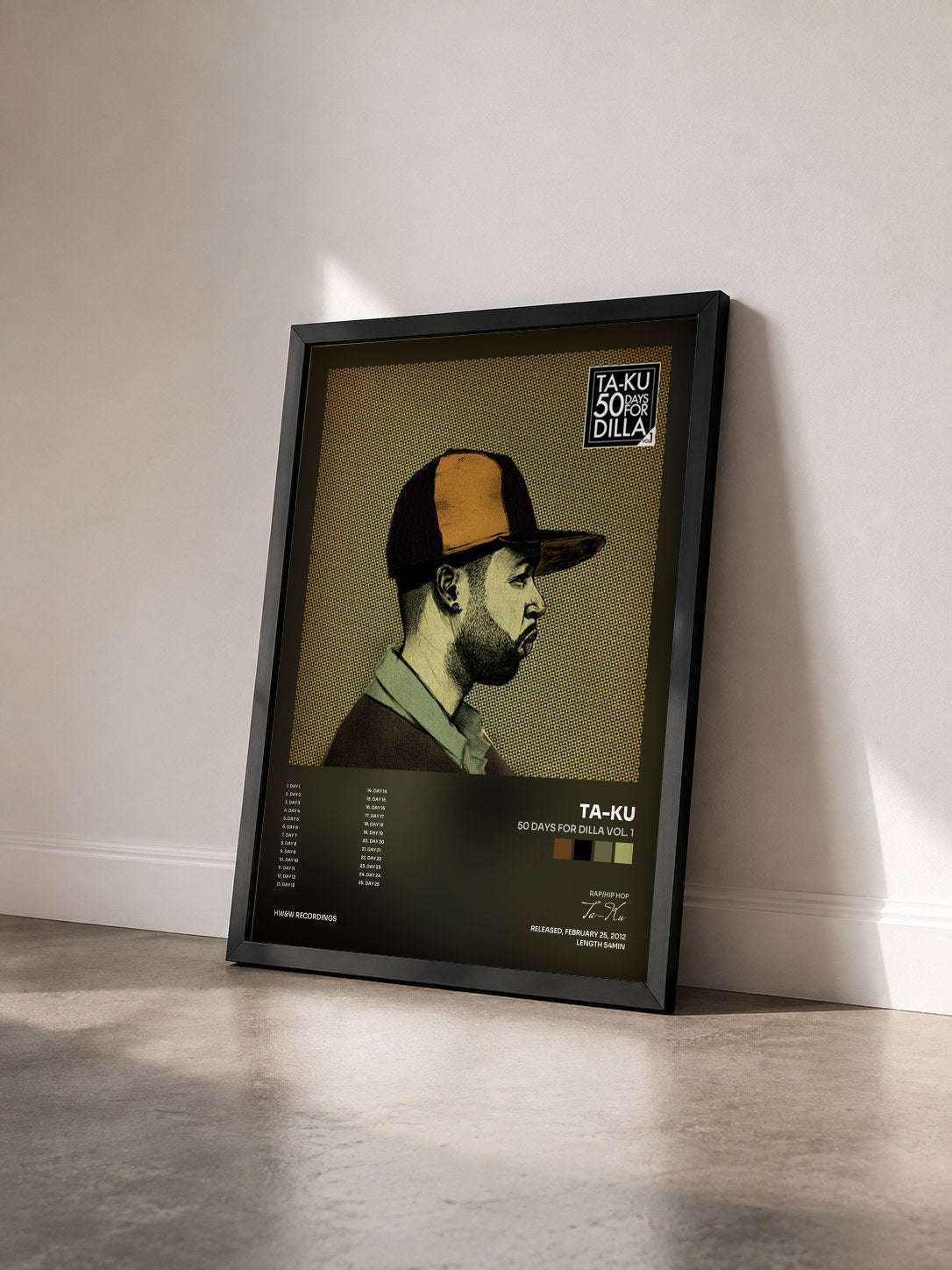 #noir Tableau de l'album 50 Days For Dilla Vol. 1 de Ta-Ku vu de trois quarts, cadre noir