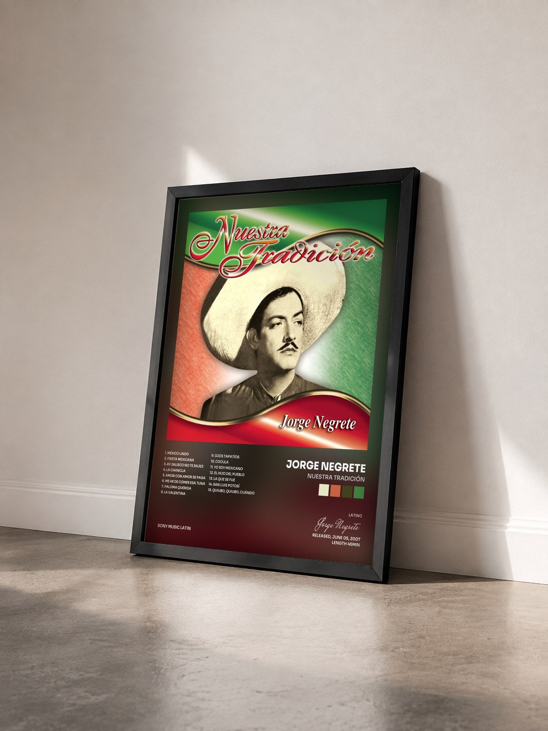 #noir Tableau de l'album Nuestra Tradición de Jorge Negrete vu de trois quarts, cadre noir