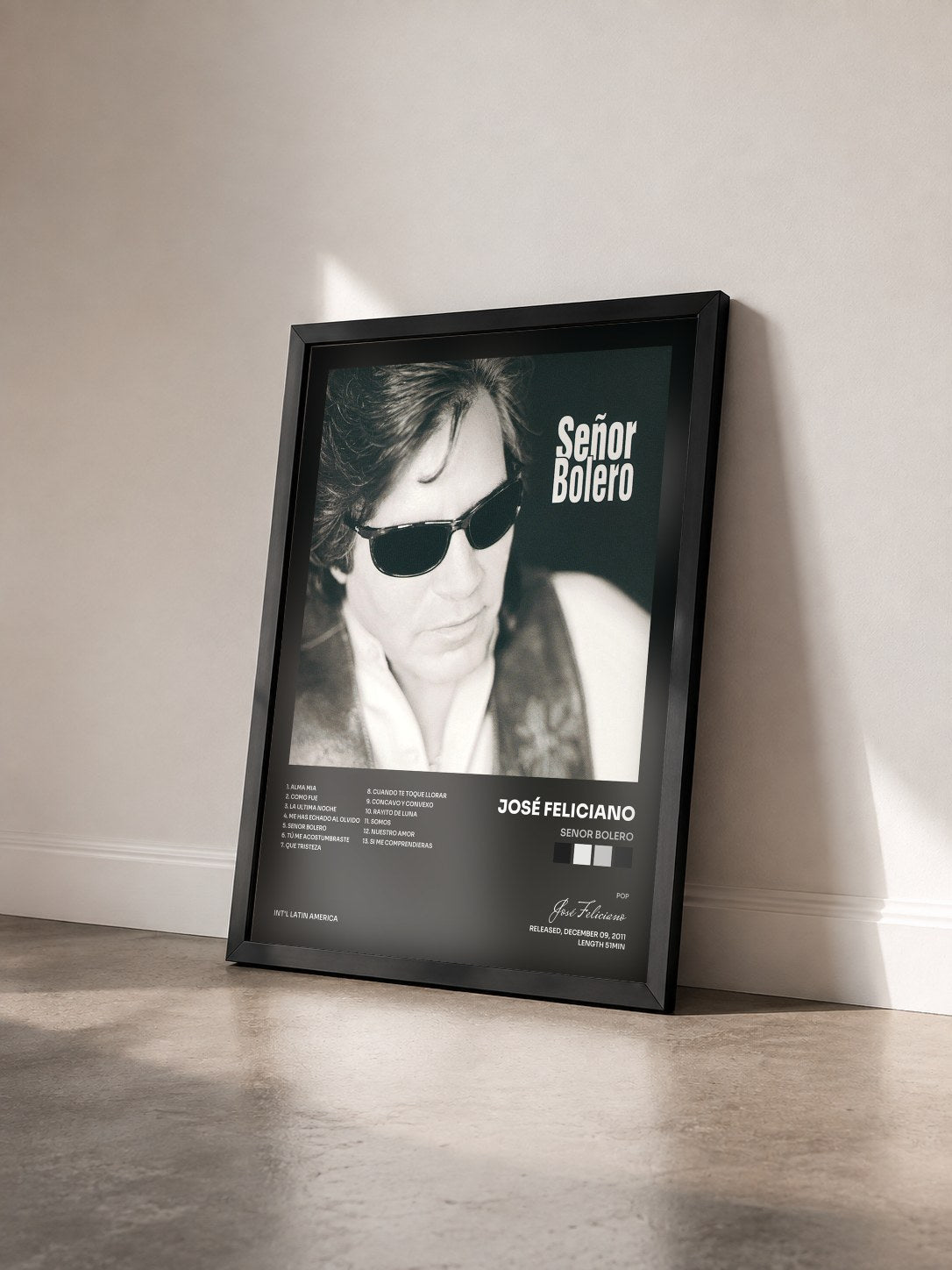 #noir Tableau de l'album Senor Bolero de José Feliciano vu de trois quarts, cadre noir