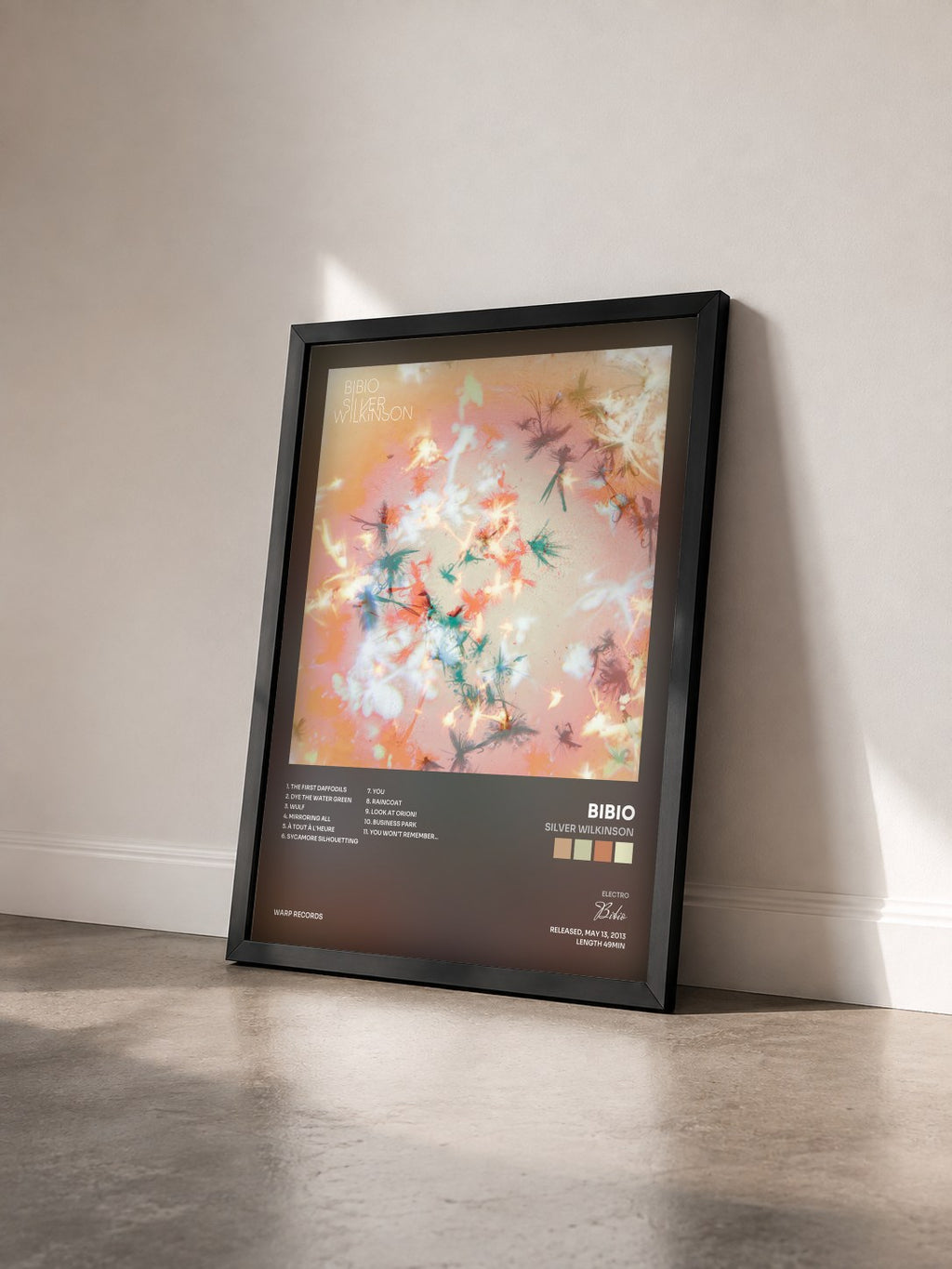 #noir Tableau de l'album Silver Wilkinson de Bibio vu de trois quarts, cadre noir