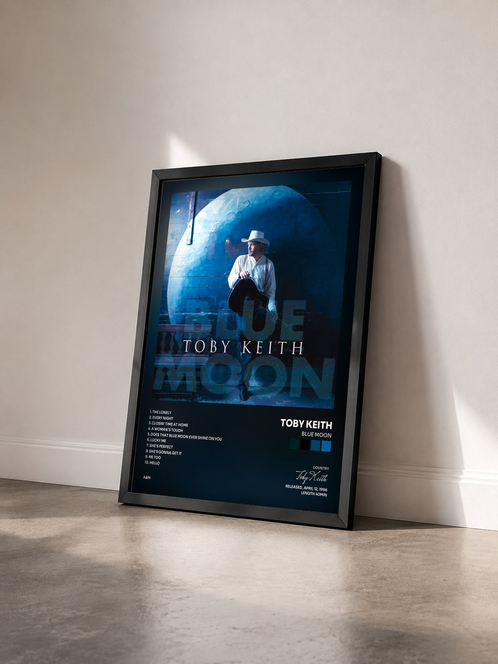 #noir Tableau de l'album Blue Moon de Toby Keith vu de trois quarts, cadre noir