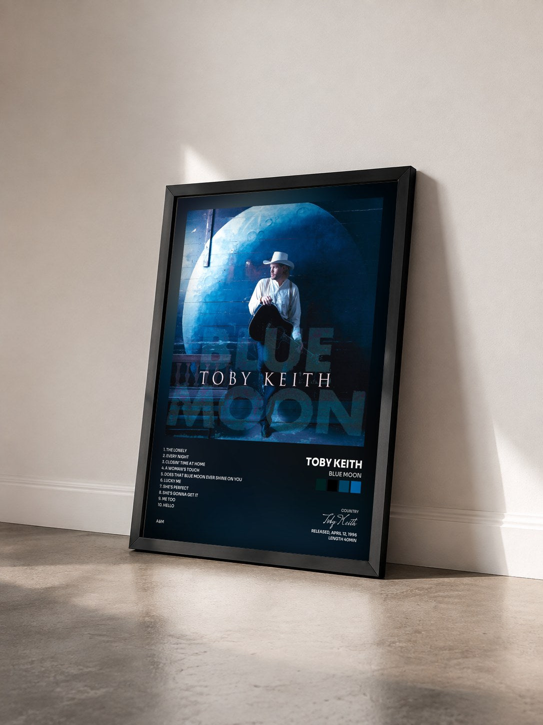 #noir Tableau de l'album Blue Moon de Toby Keith vu de trois quarts, cadre noir