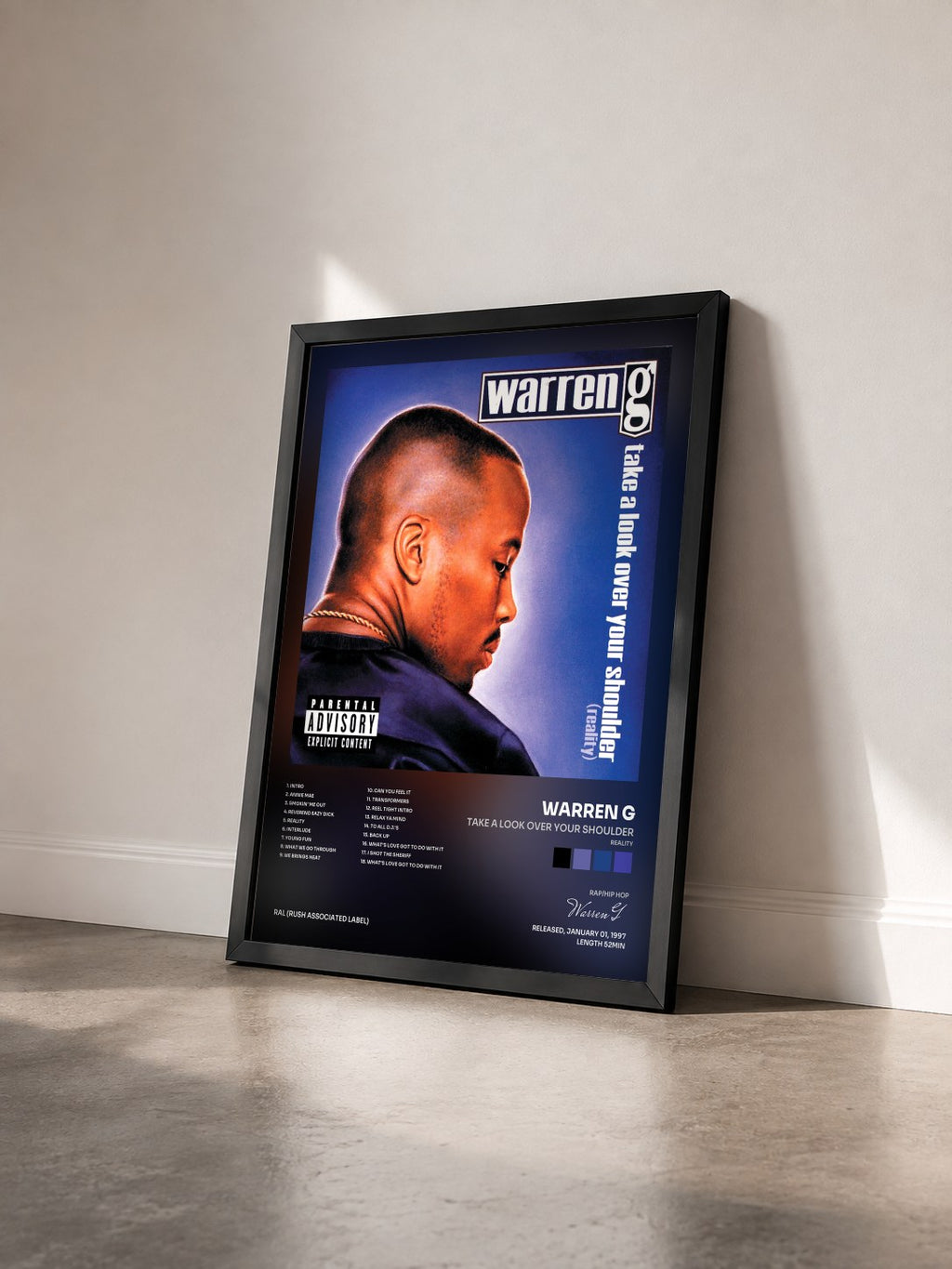 #noir Tableau de l'album Take A Look Over Your Shoulder (Reality) de Warren G vu de trois quarts, cadre noir