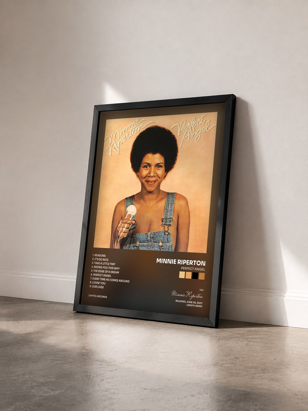 #noir Tableau de l'album Perfect Angel de Minnie Riperton vu de trois quarts, cadre noir