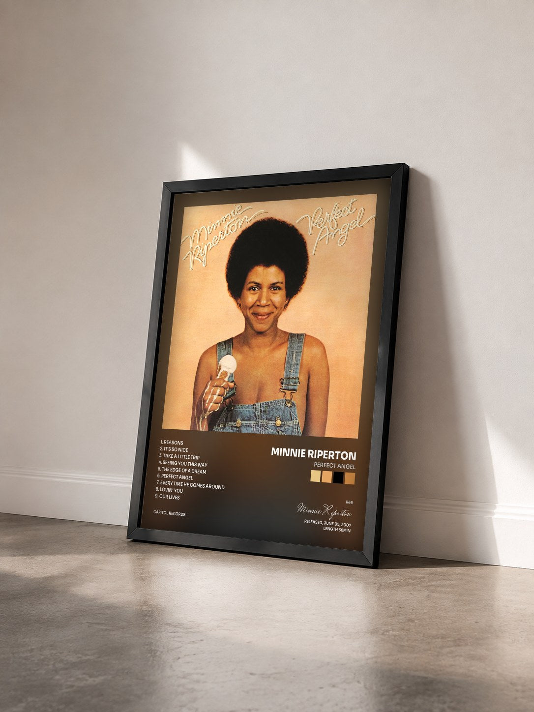 #noir Tableau de l'album Perfect Angel de Minnie Riperton vu de trois quarts, cadre noir