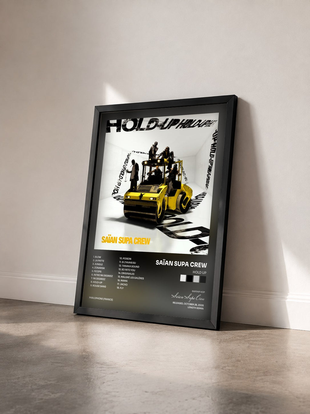 #noir Tableau de l'album Hold Up de Saïan Supa Crew vu de trois quarts, cadre noir