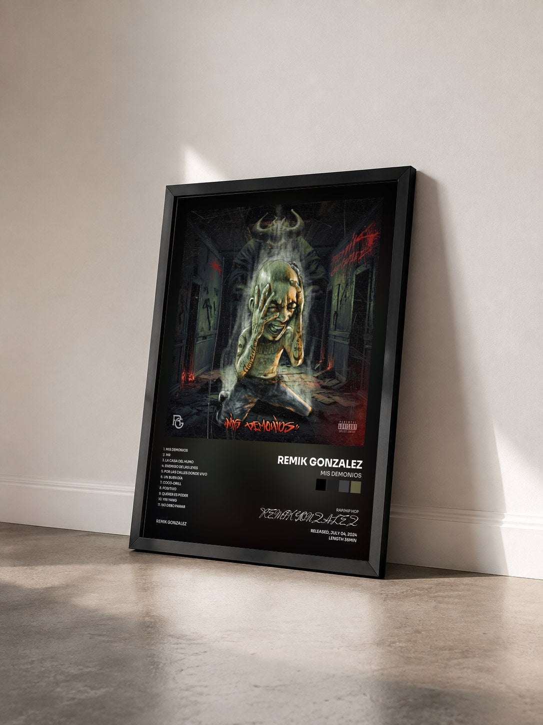 #noir Tableau de l'album Mis Demonios de REMIK GONZALEZ vu de trois quarts, cadre noir