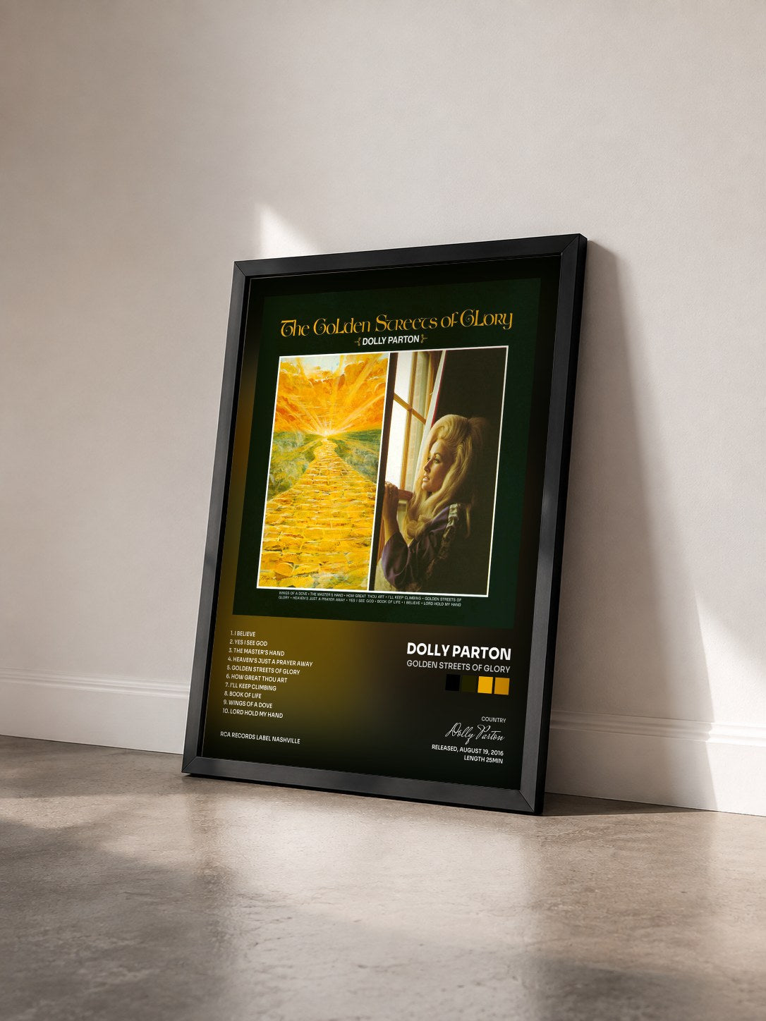 #noir Tableau de l'album Golden Streets Of Glory de Dolly Parton vu de trois quarts, cadre noir