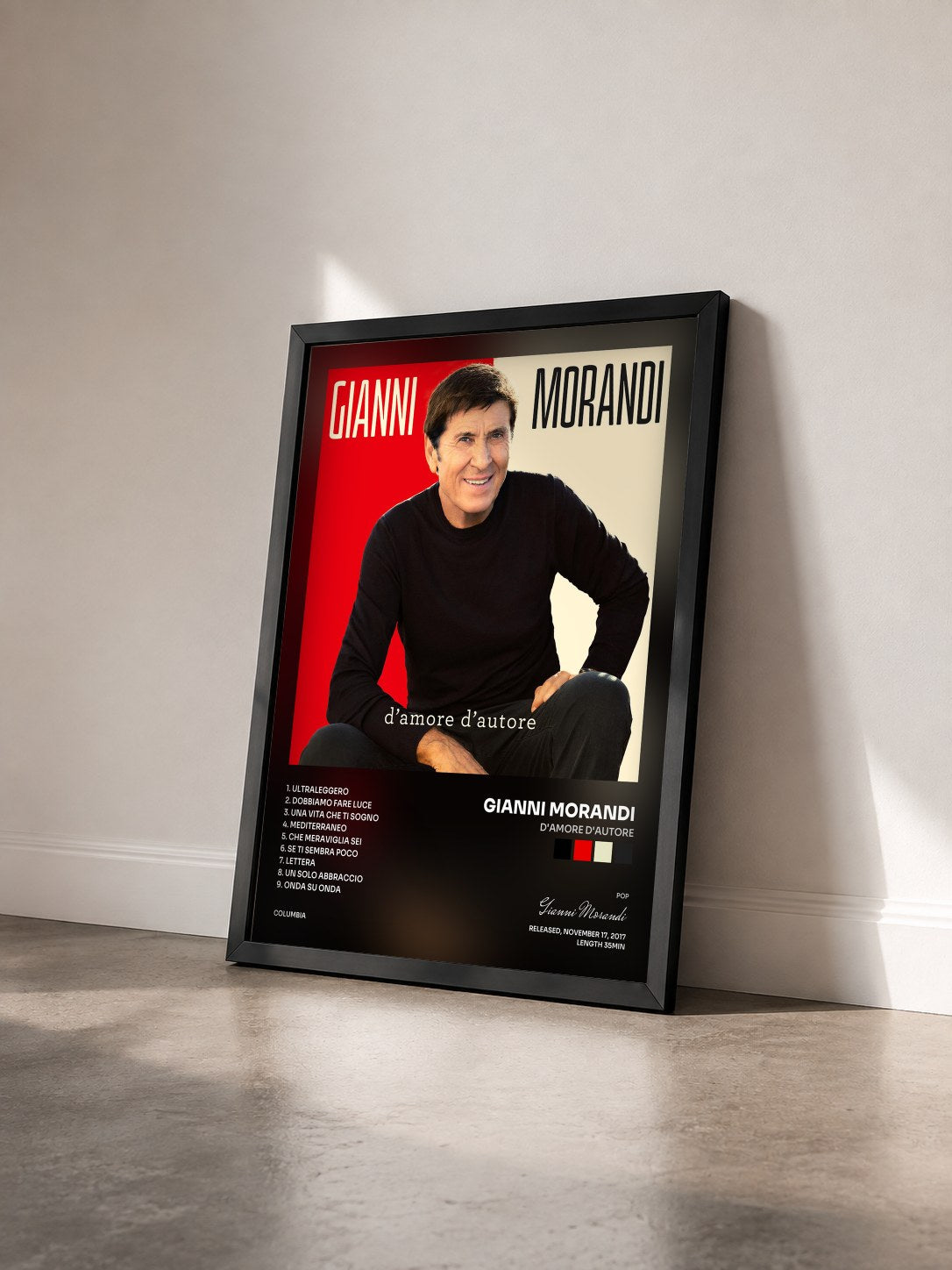 #noir Tableau de l'album d'amore d'autore de Gianni Morandi vu de trois quarts, cadre noir
