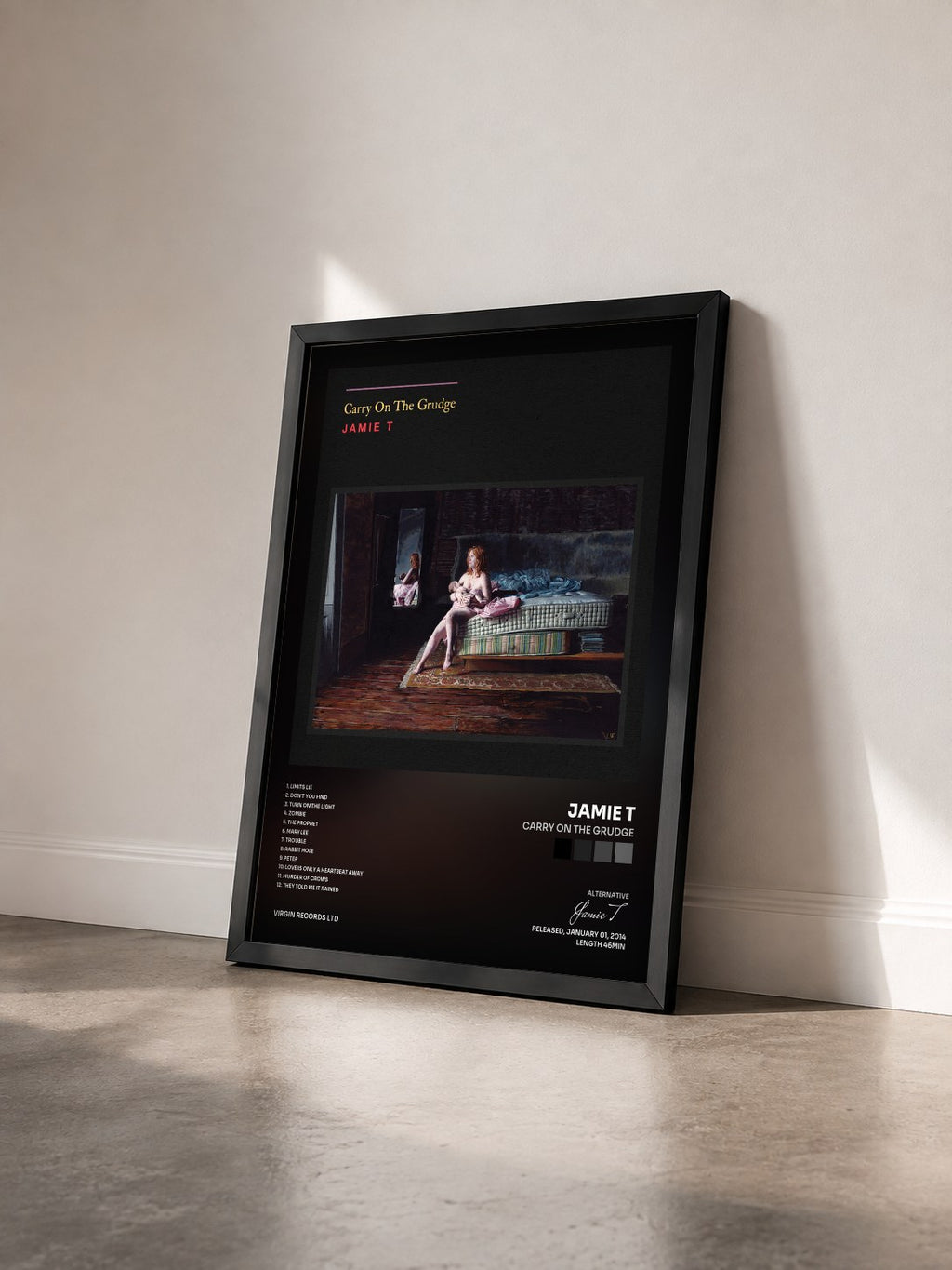 #noir Tableau de l'album Carry On The Grudge de Jamie T vu de trois quarts, cadre noir