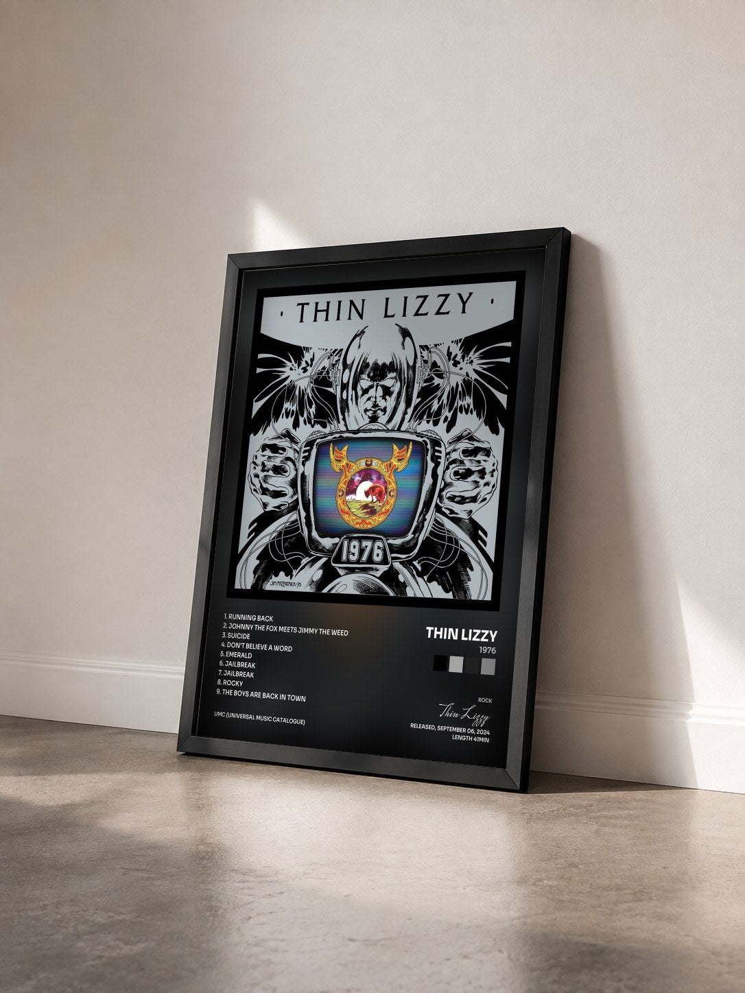 #noir Tableau de l'album 1976 de Thin Lizzy vu de trois quarts, cadre noir