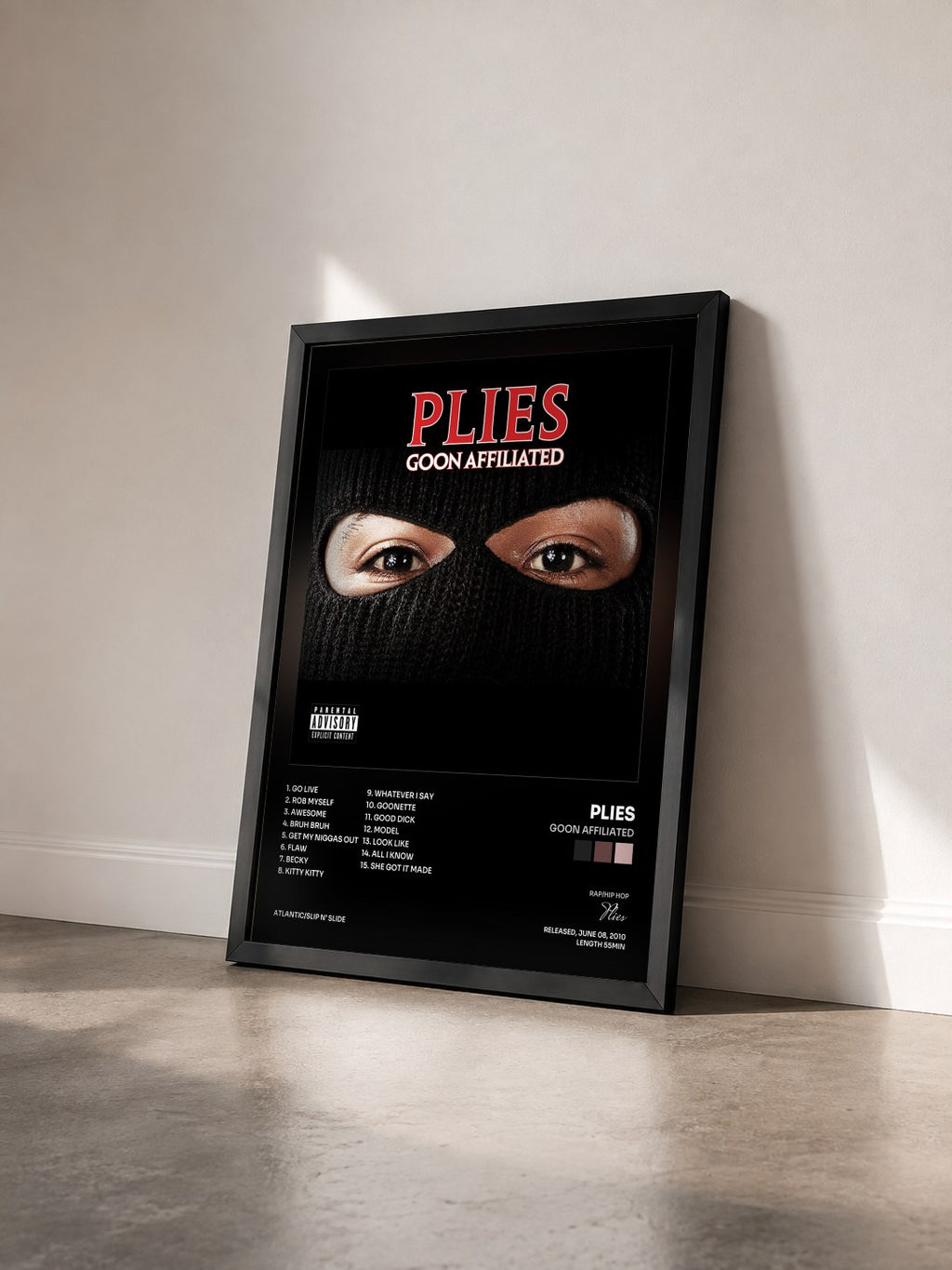 #noir Tableau de l'album Goon Affiliated de Plies vu de trois quarts, cadre noir