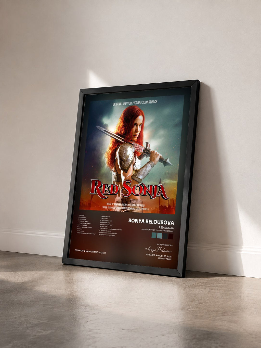 #noir Tableau de l'album Red Sonja (Original Motion Picture Soundtrack) de Sonya Belousova vu de trois quarts, cadre noir