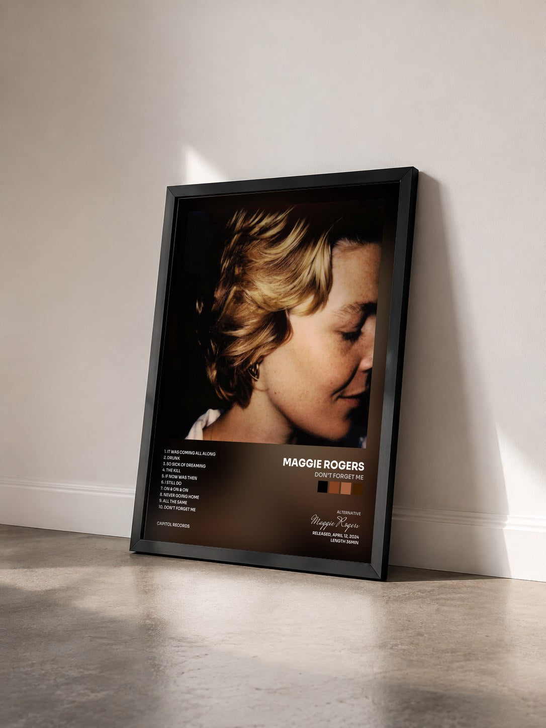 #noir Tableau de l'album Don't Forget Me de Maggie Rogers vu de trois quarts, cadre noir