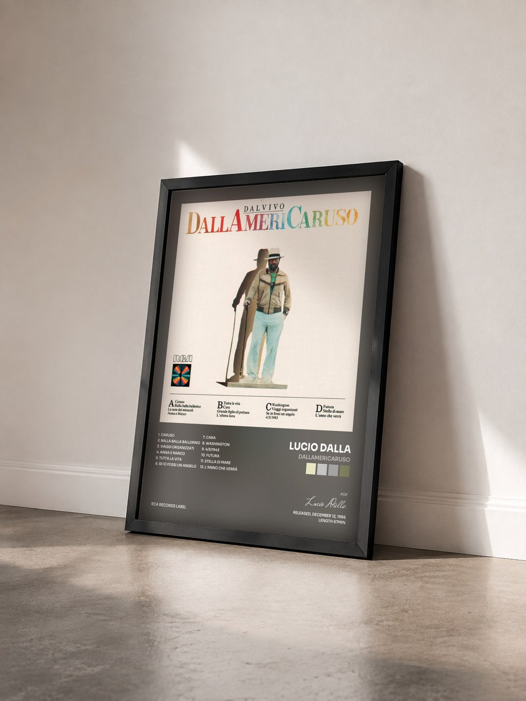 #noir Tableau de l'album Dallamericaruso de Lucio Dalla vu de trois quarts, cadre noir