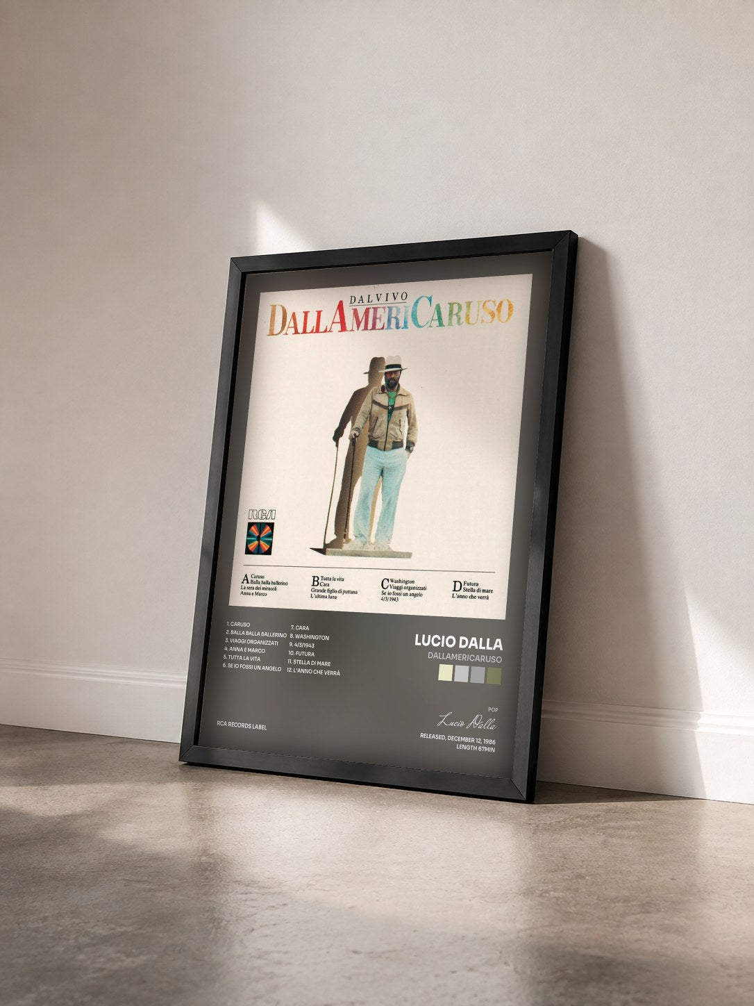 #noir Tableau de l'album Dallamericaruso de Lucio Dalla vu de trois quarts, cadre noir