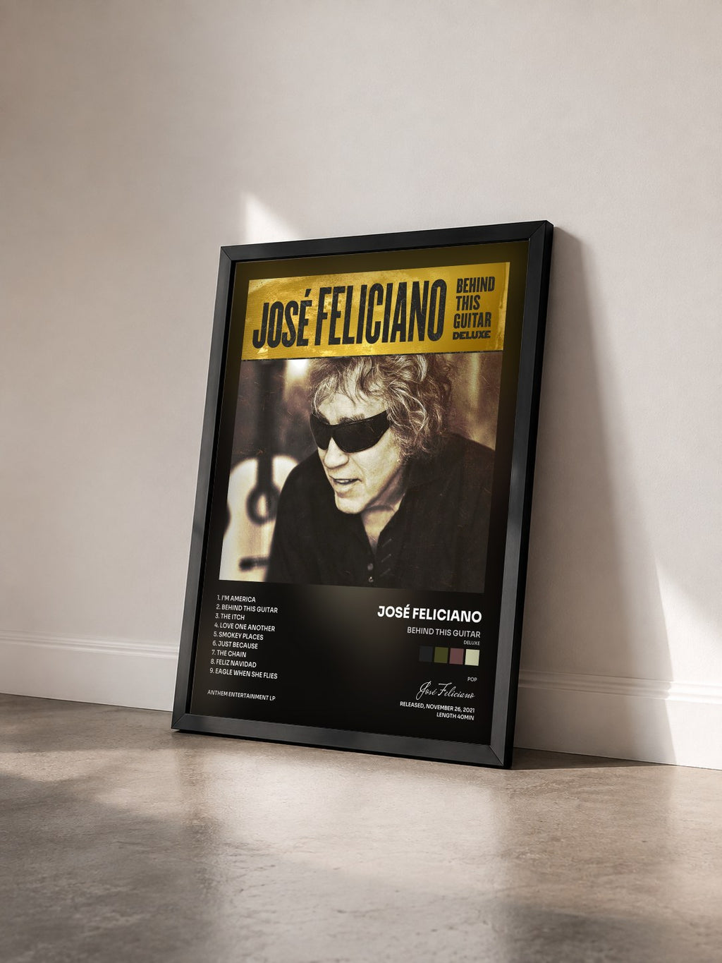 #noir Tableau de l'album Behind This Guitar (Deluxe) de José Feliciano vu de trois quarts, cadre noir
