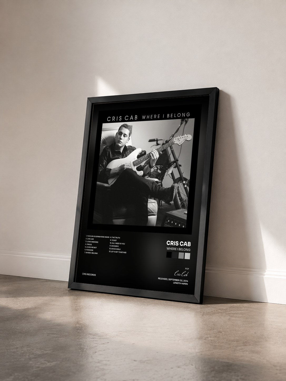 #noir Tableau de l'album Where I Belong de Cris Cab vu de trois quarts, cadre noir