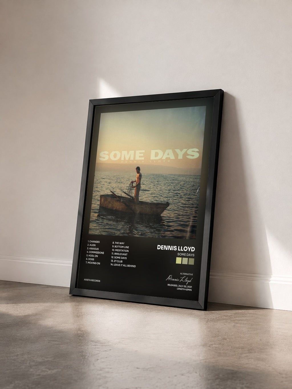 #noir Tableau de l'album Some Days de Dennis Lloyd vu de trois quarts, cadre noir