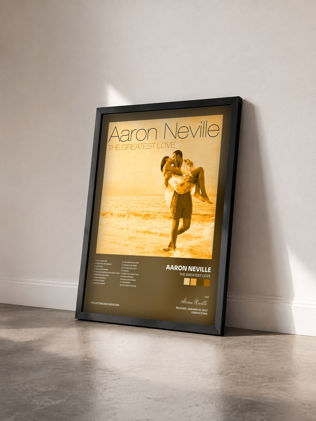 #noir Tableau de l'album The Greatest Love de Aaron Neville vu de trois quarts, cadre noir