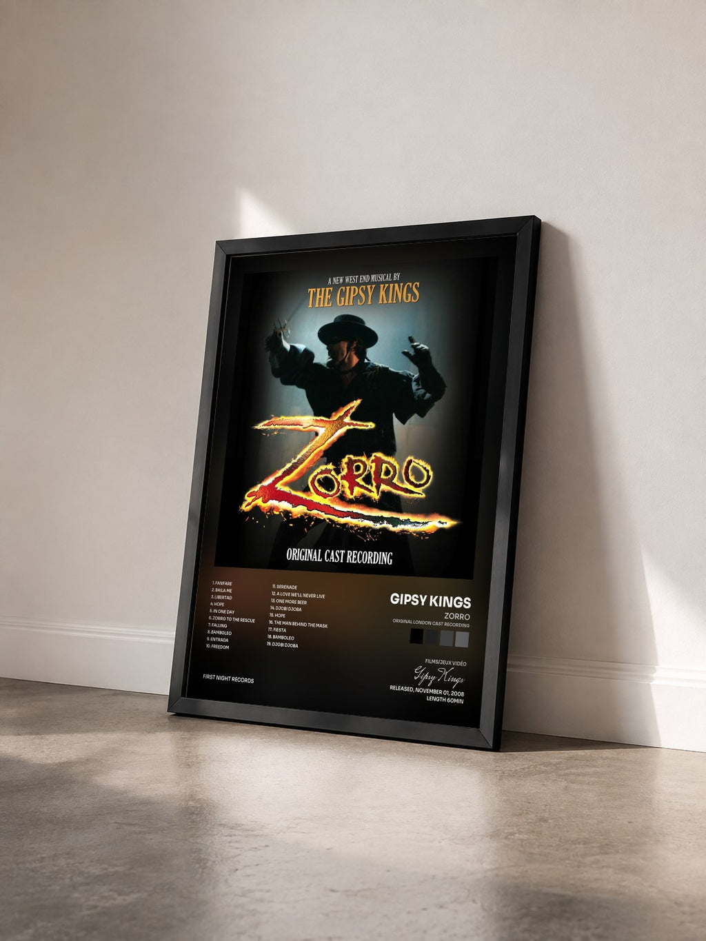 #noir Tableau de l'album Zorro (Original London Cast Recording) de Gipsy Kings vu de trois quarts, cadre noir