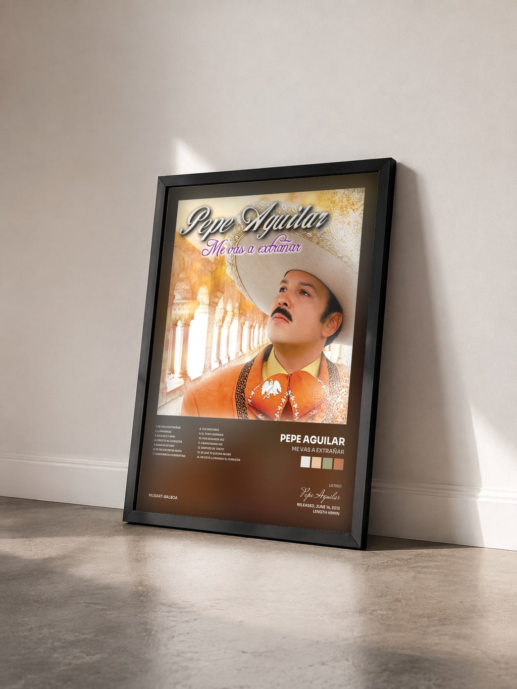 #noir Tableau de l'album Me Vas A Extrañar de Pepe Aguilar vu de trois quarts, cadre noir