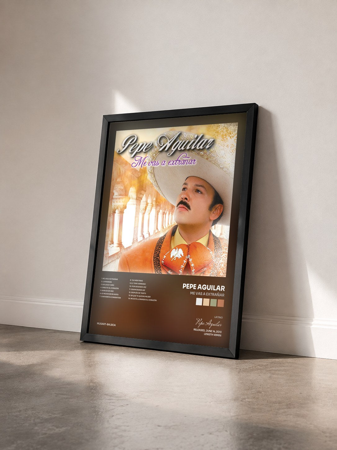 #noir Tableau de l'album Me Vas A Extrañar de Pepe Aguilar vu de trois quarts, cadre noir