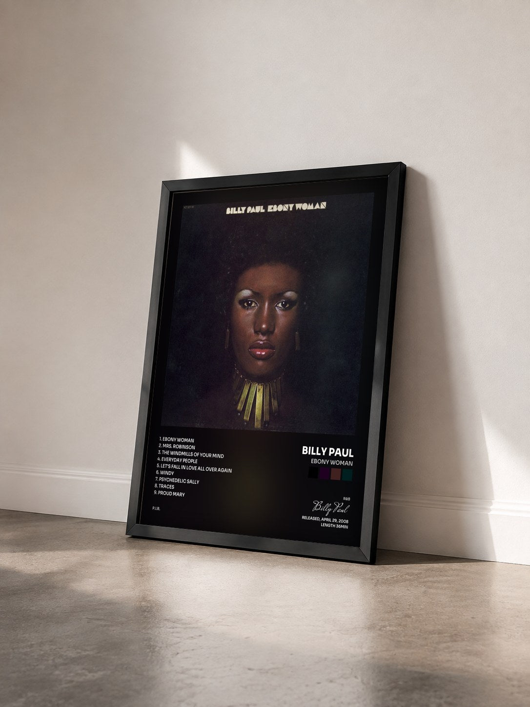 #noir Tableau de l'album Ebony Woman de Billy Paul vu de trois quarts, cadre noir