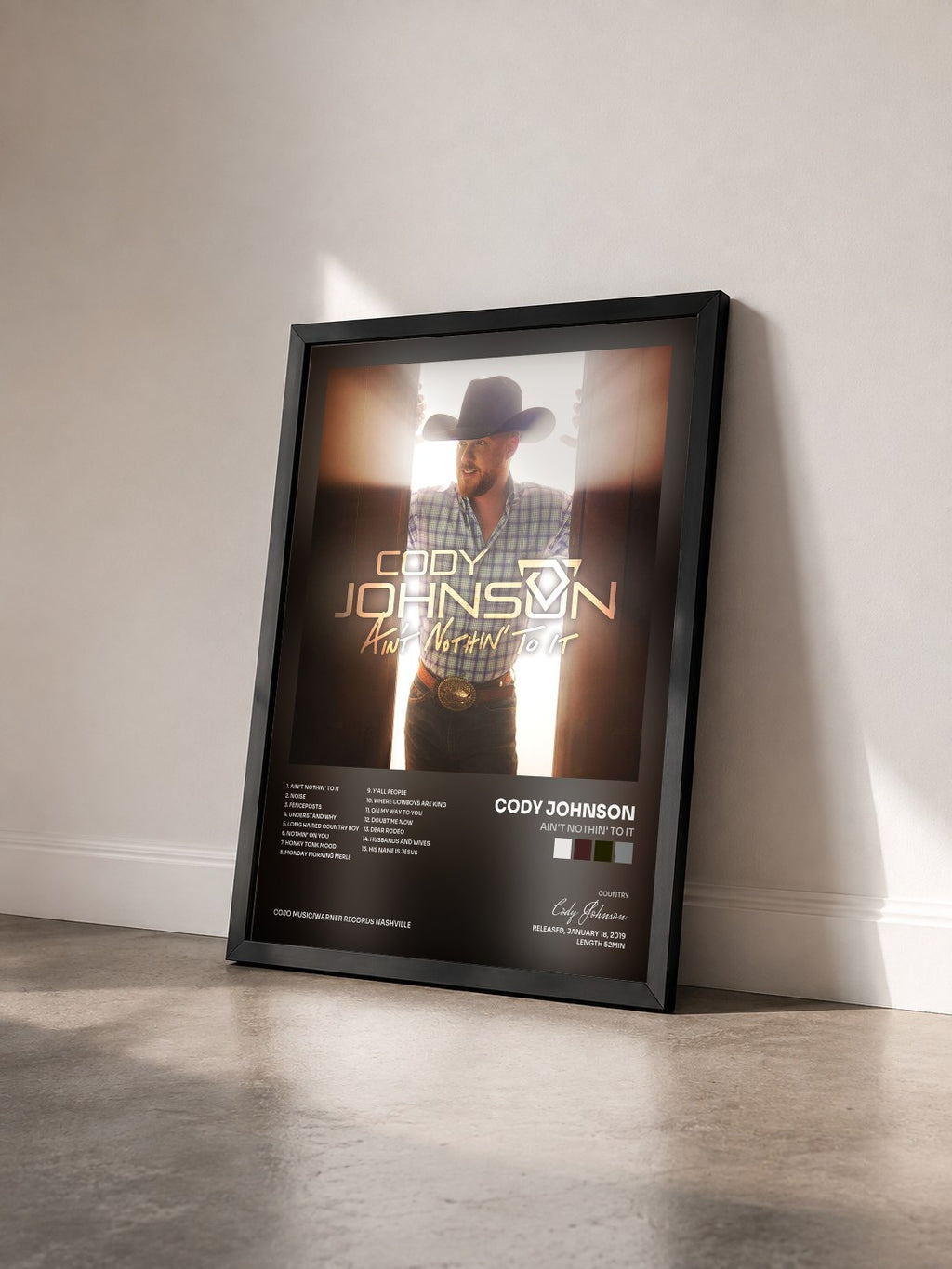 #noir Tableau de l'album Ain't Nothin' to It de Cody Johnson vu de trois quarts, cadre noir