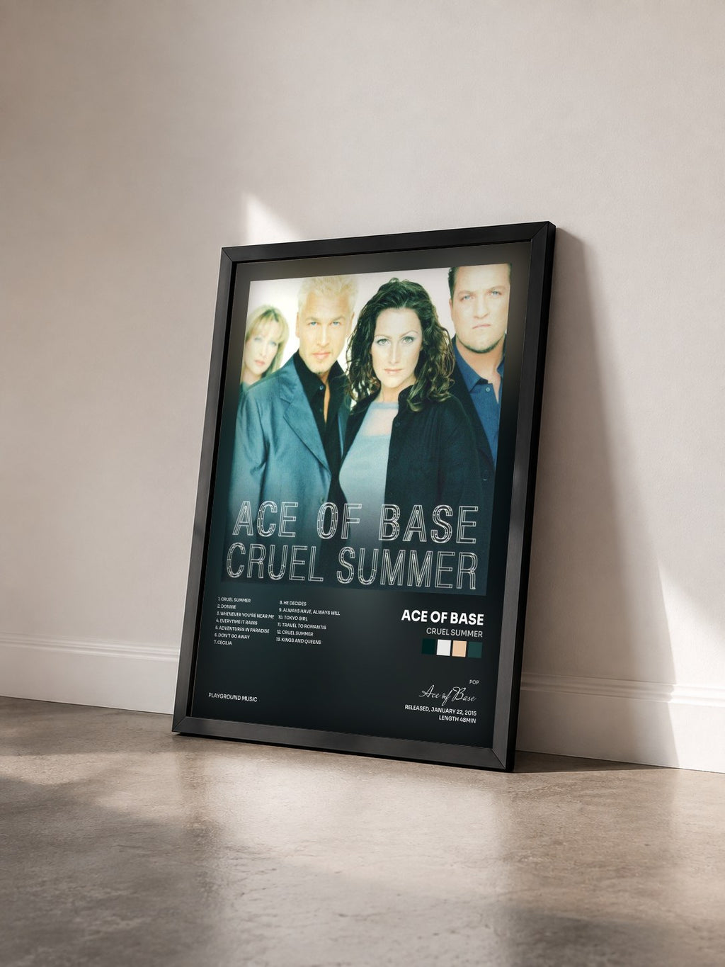#noir Tableau de l'album Cruel Summer de Ace of Base vu de trois quarts, cadre noir