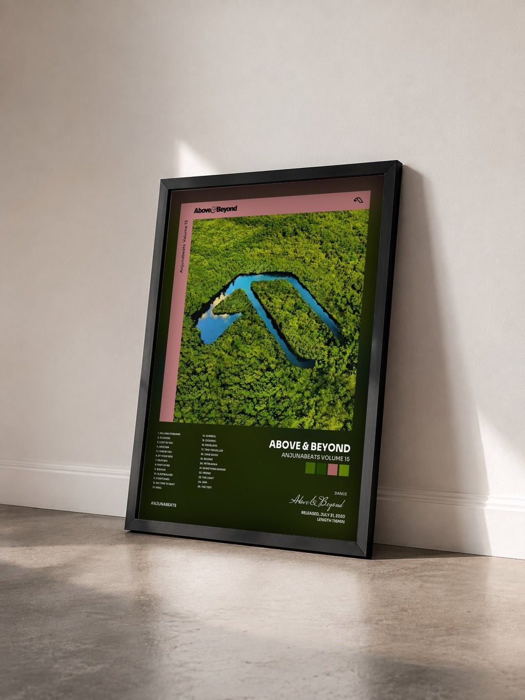#noir Tableau de l'album Anjunabeats Volume 15 de Above & Beyond vu de trois quarts, cadre noir