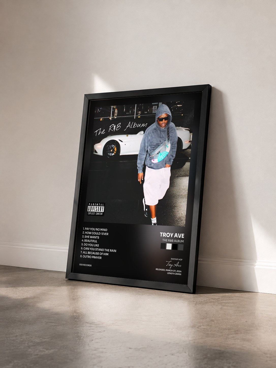 #noir Tableau de l'album The R&B Album de Troy Ave vu de trois quarts, cadre noir