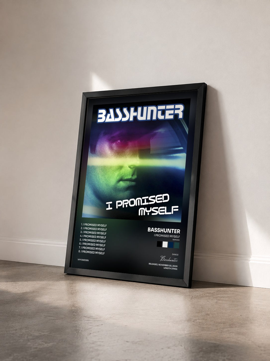 #noir Tableau de l'album I Promised Myself (Remixes) de Basshunter vu de trois quarts, cadre noir