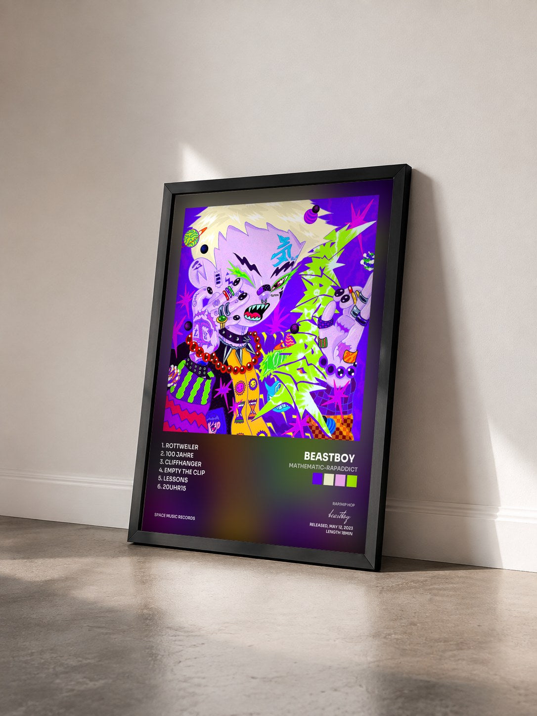 #noir Tableau de l'album MATHEMATIC-RAPADDICT de beastboy   vu de trois quarts, cadre noir