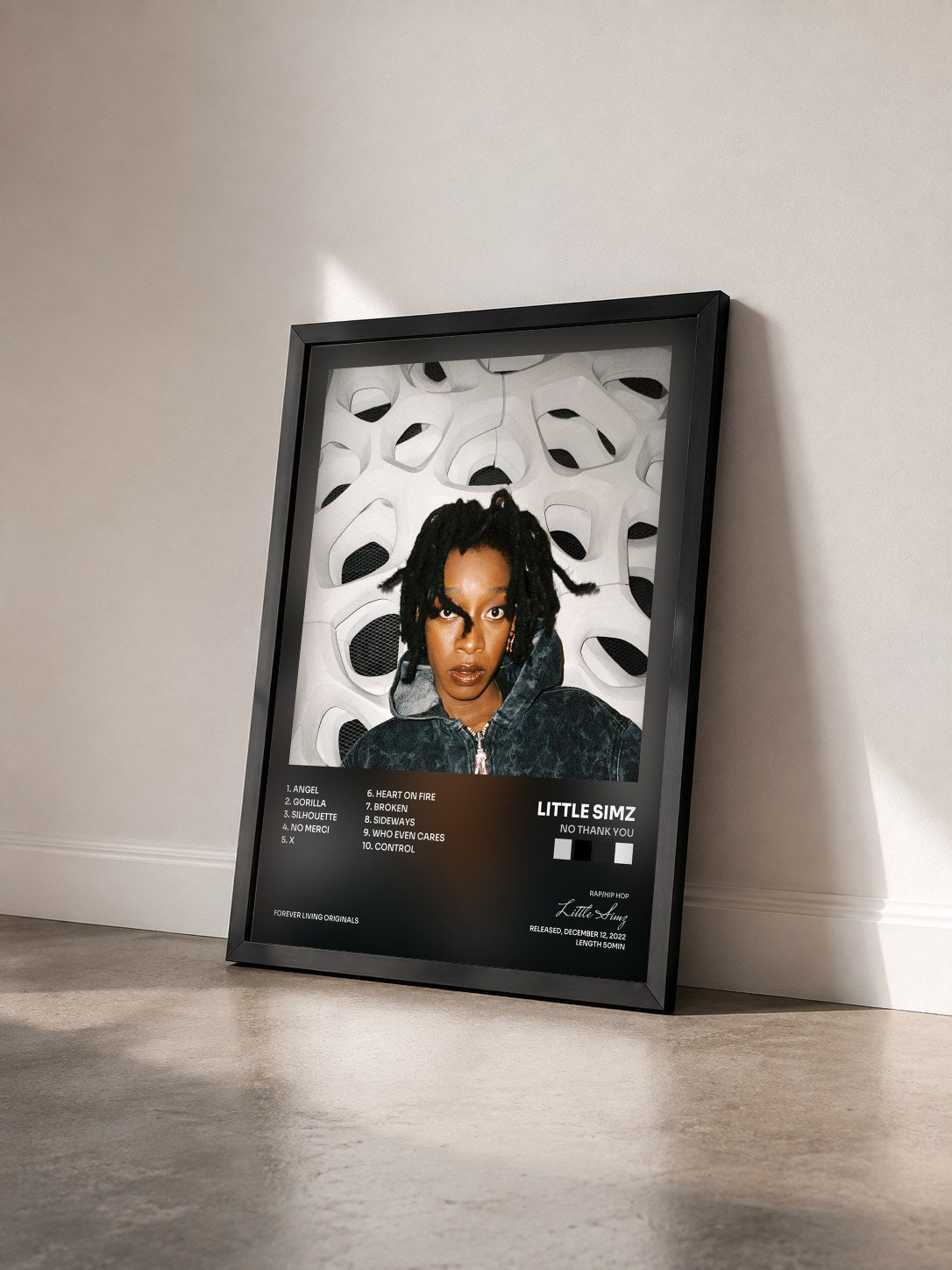 #noir Tableau de l'album NO THANK YOU de Little Simz vu de trois quarts, cadre noir