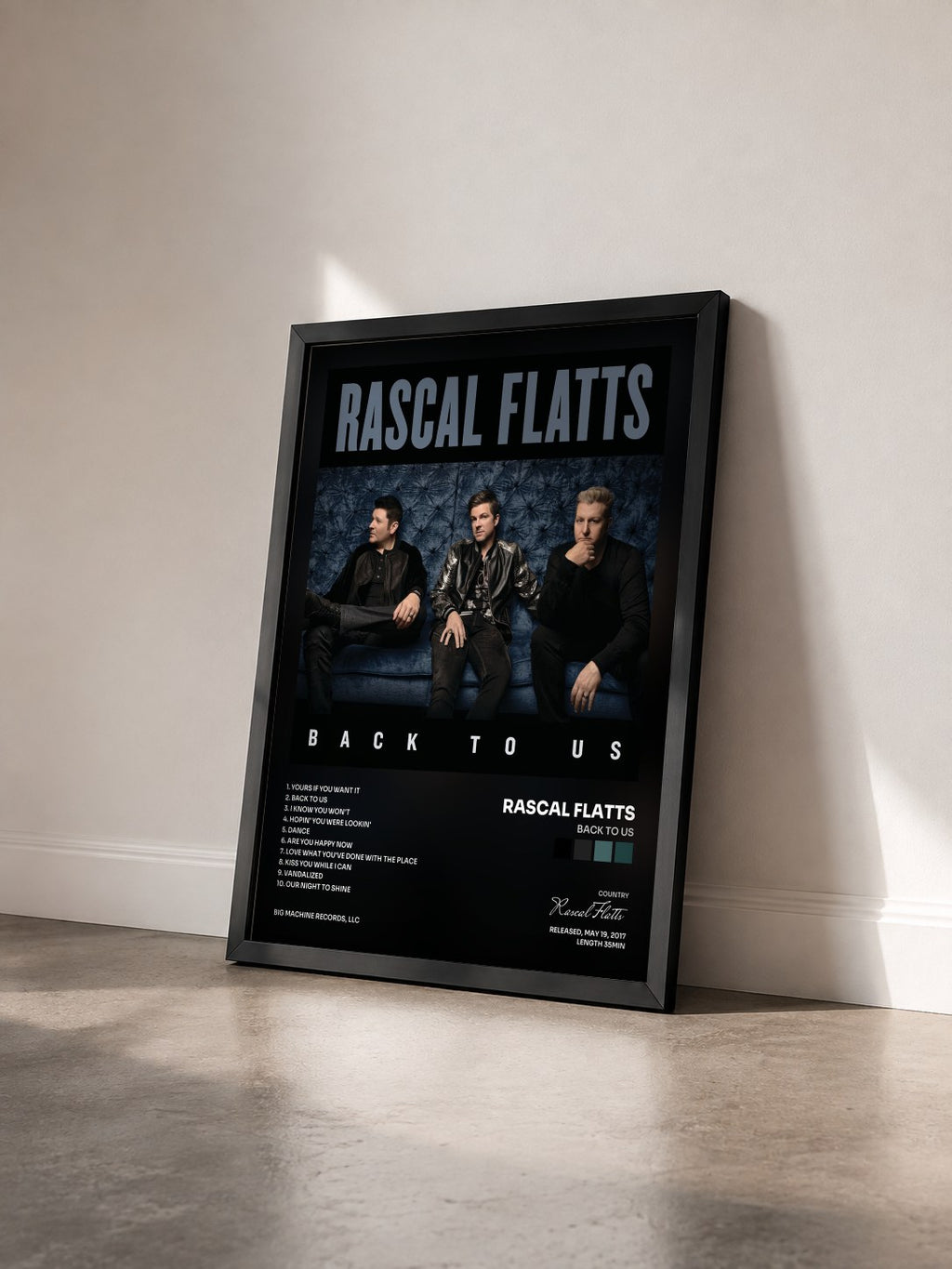 #noir Tableau de l'album Back To Us de Rascal Flatts vu de trois quarts, cadre noir