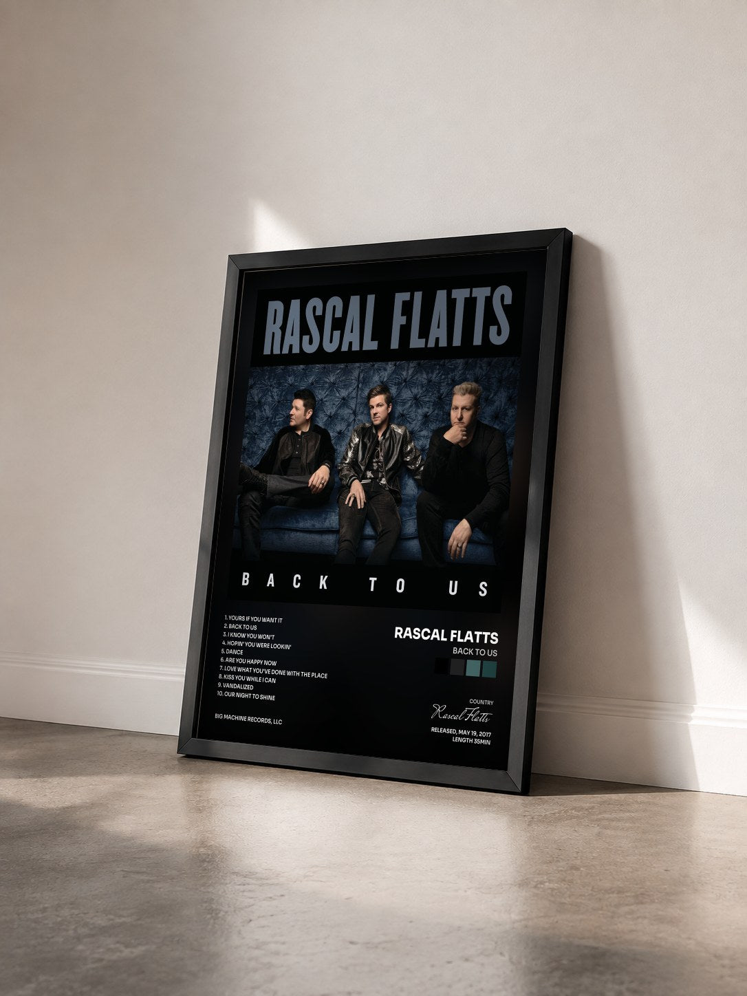 #noir Tableau de l'album Back To Us de Rascal Flatts vu de trois quarts, cadre noir