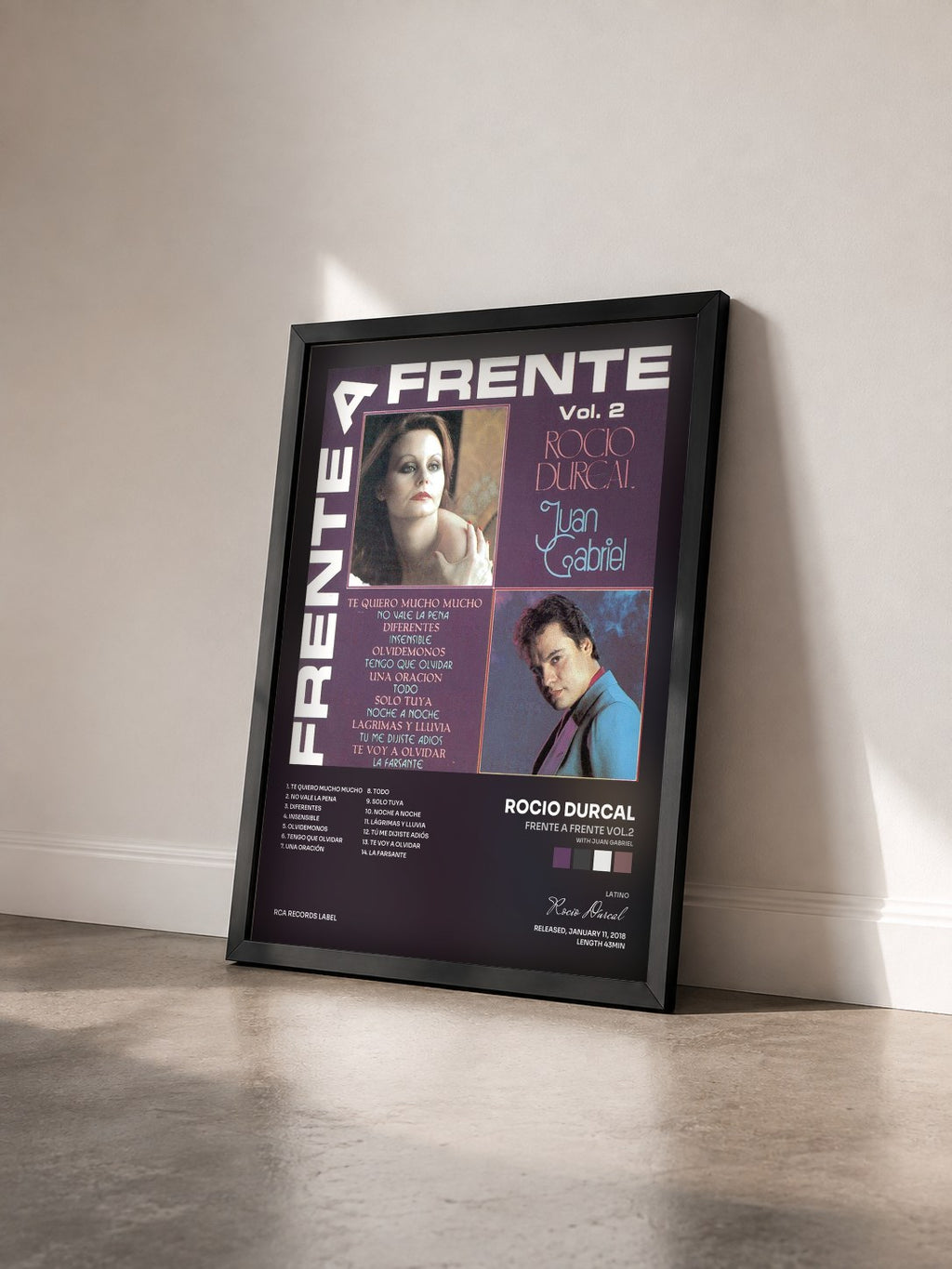 #noir Tableau de l'album Frente A Frente Vol.2 (with Juan Gabriel) de Rocio Durcal vu de trois quarts, cadre noir