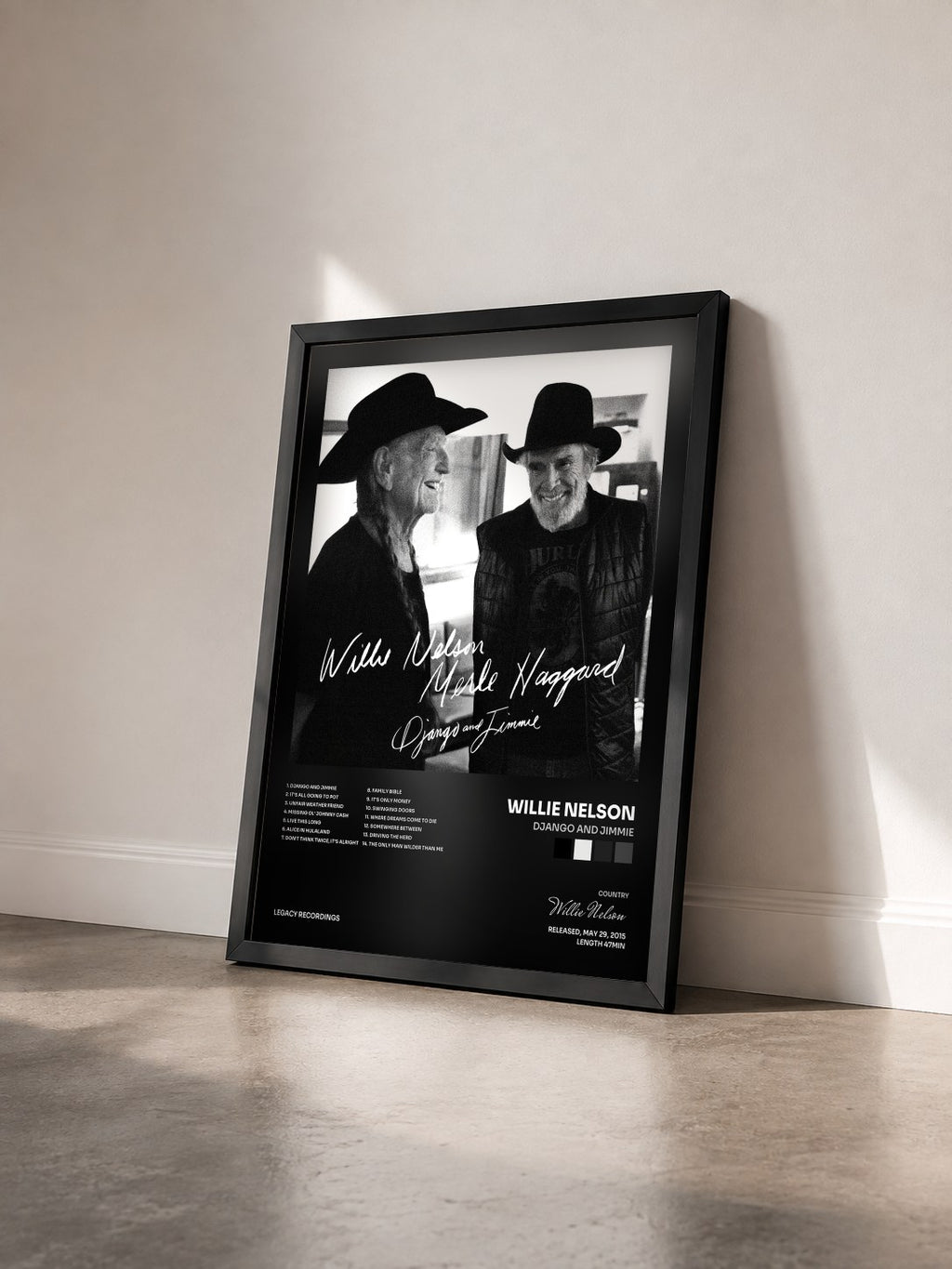 #noir Tableau de l'album Django and Jimmie de Willie Nelson vu de trois quarts, cadre noir