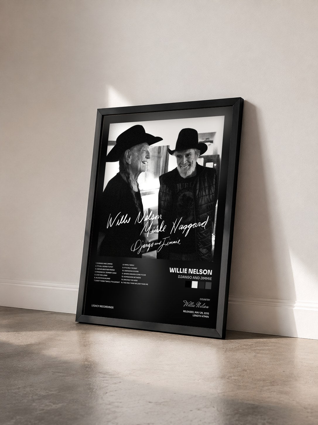 #noir Tableau de l'album Django and Jimmie de Willie Nelson vu de trois quarts, cadre noir