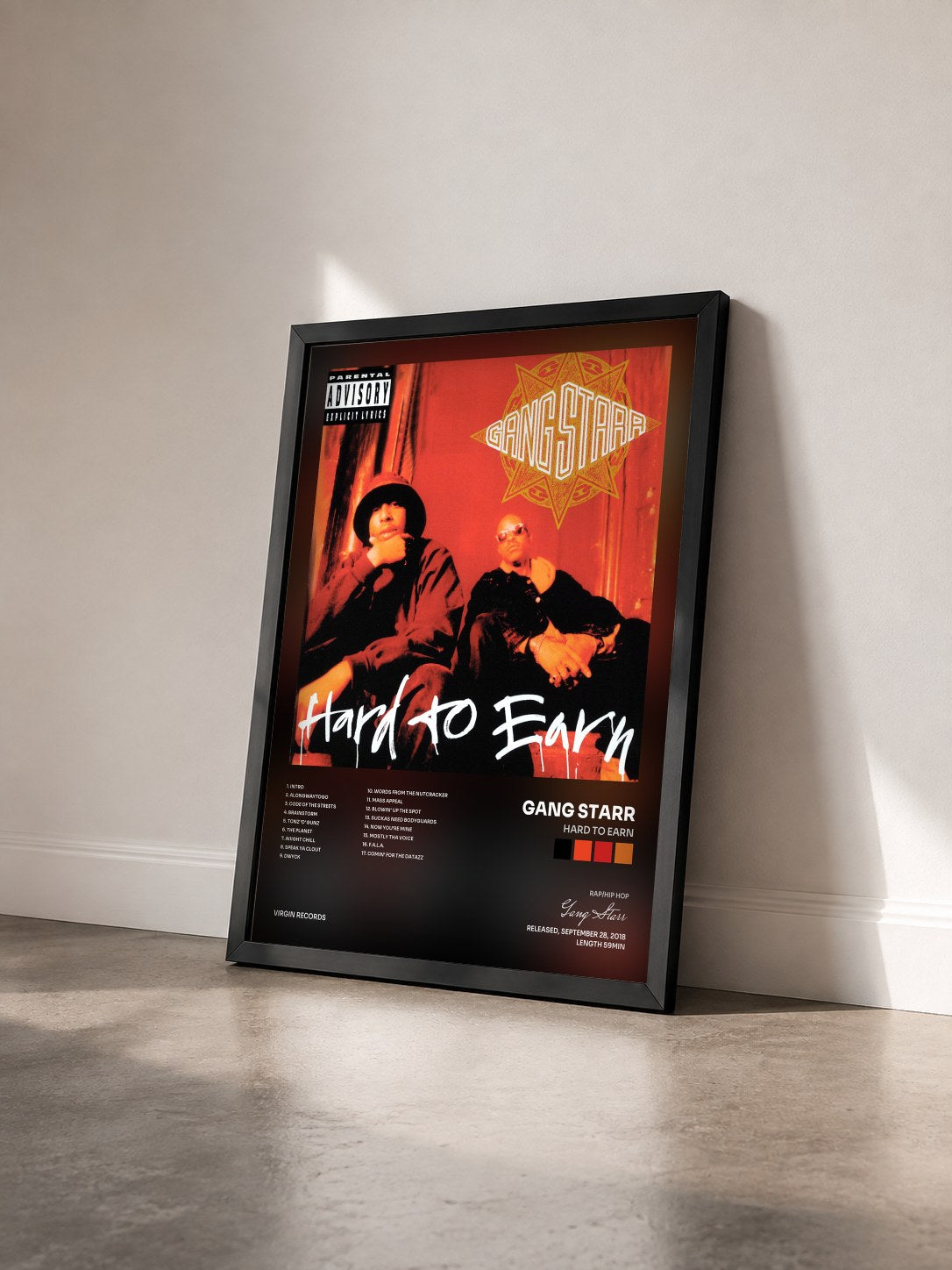 #noir Tableau de l'album Hard To Earn de Gang Starr vu de trois quarts, cadre noir
