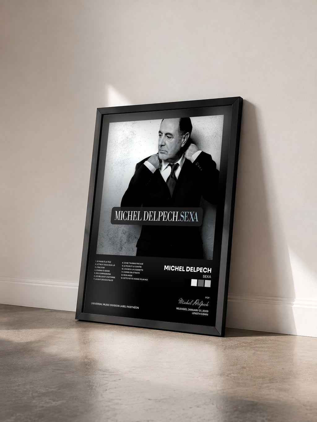 #noir Tableau de l'album Sexa de Michel Delpech vu de trois quarts, cadre noir
