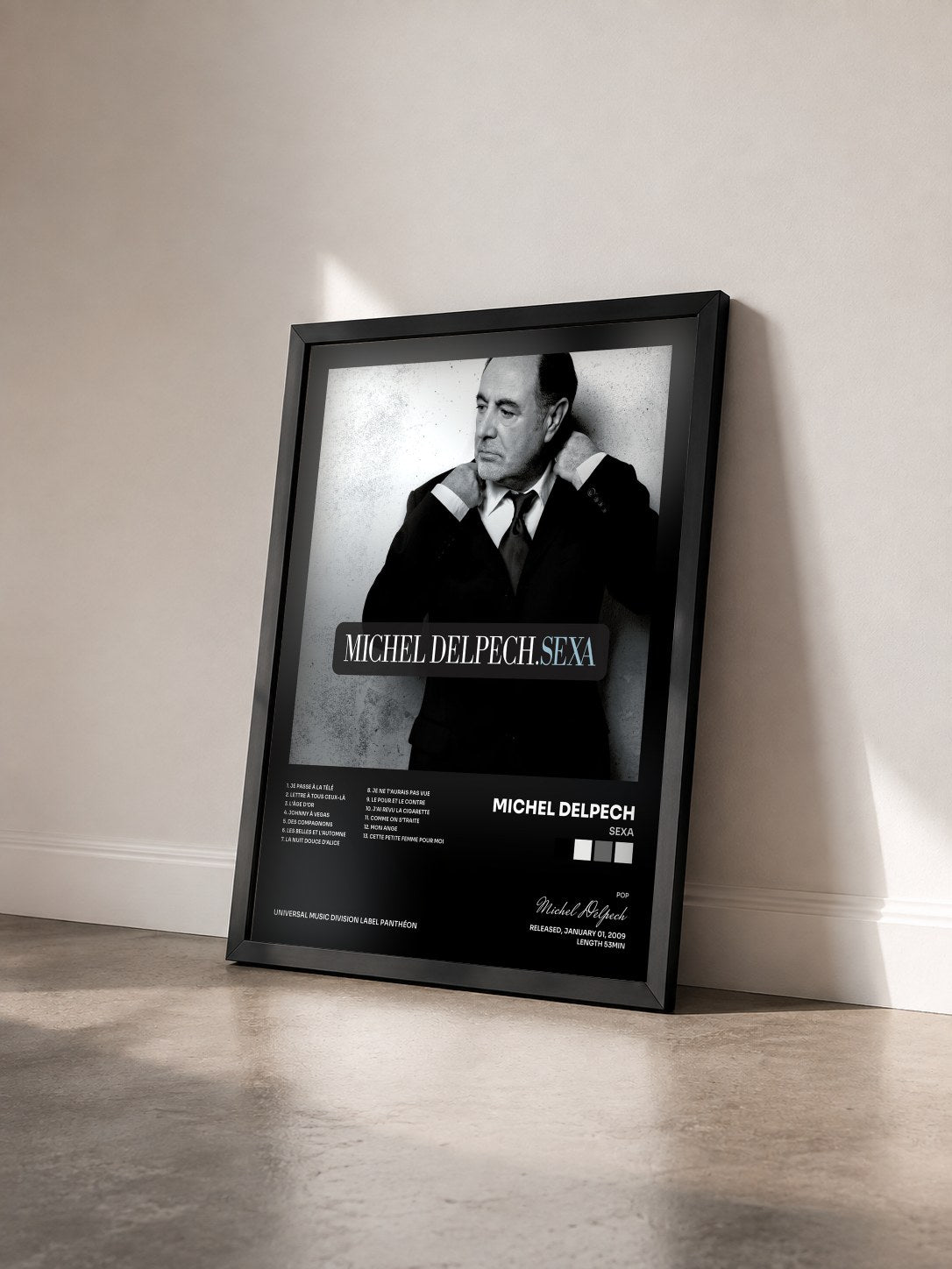 #noir Tableau de l'album Sexa de Michel Delpech vu de trois quarts, cadre noir