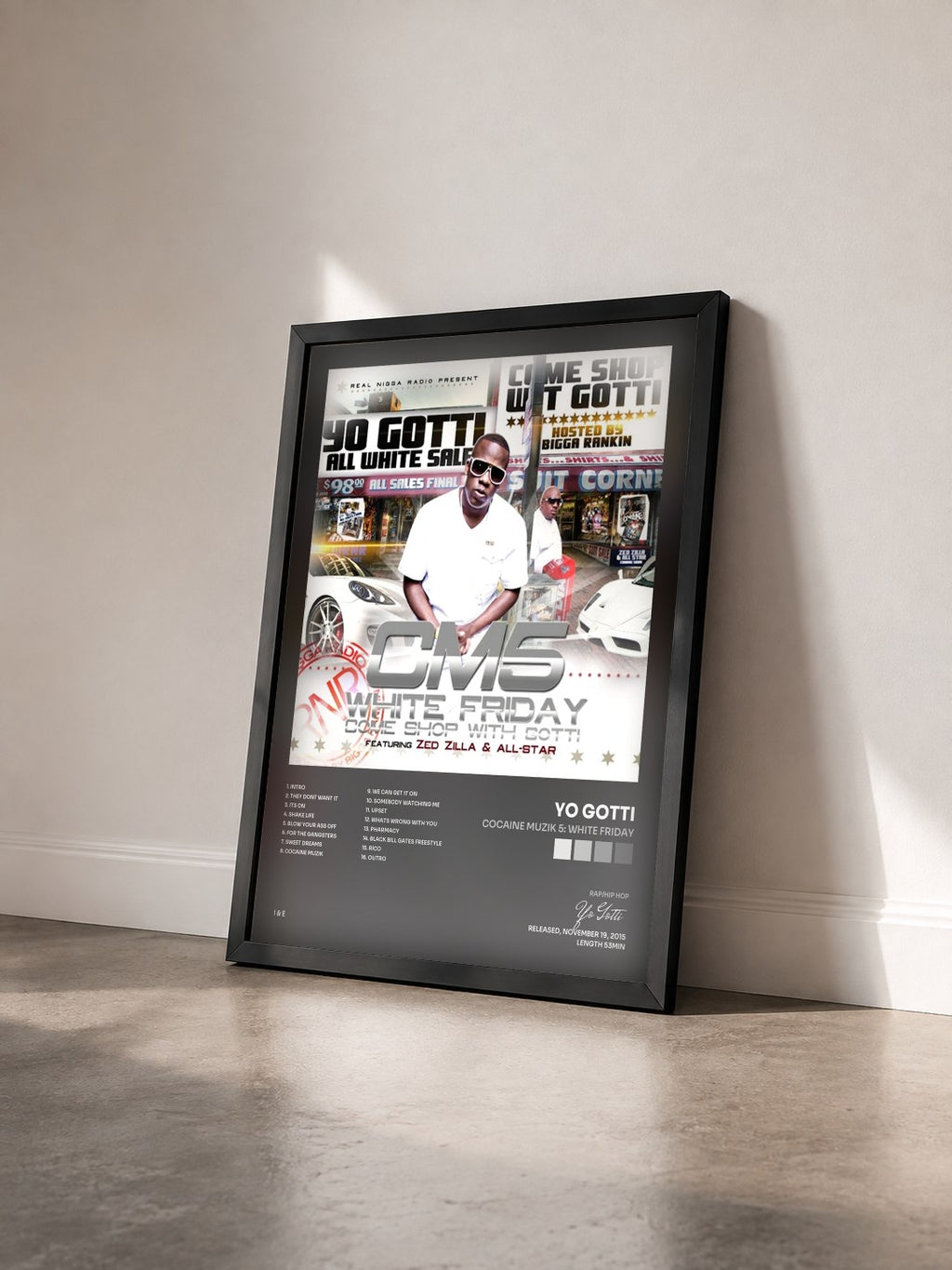 #noir Tableau de l'album Cocaine Muzik 5: White Friday de Yo Gotti vu de trois quarts, cadre noir