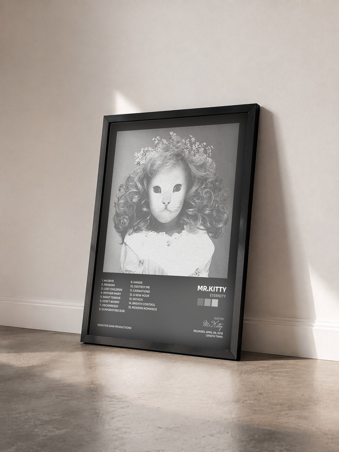 #noir Tableau de l'album ETERNITY de Mr.Kitty vu de trois quarts, cadre noir