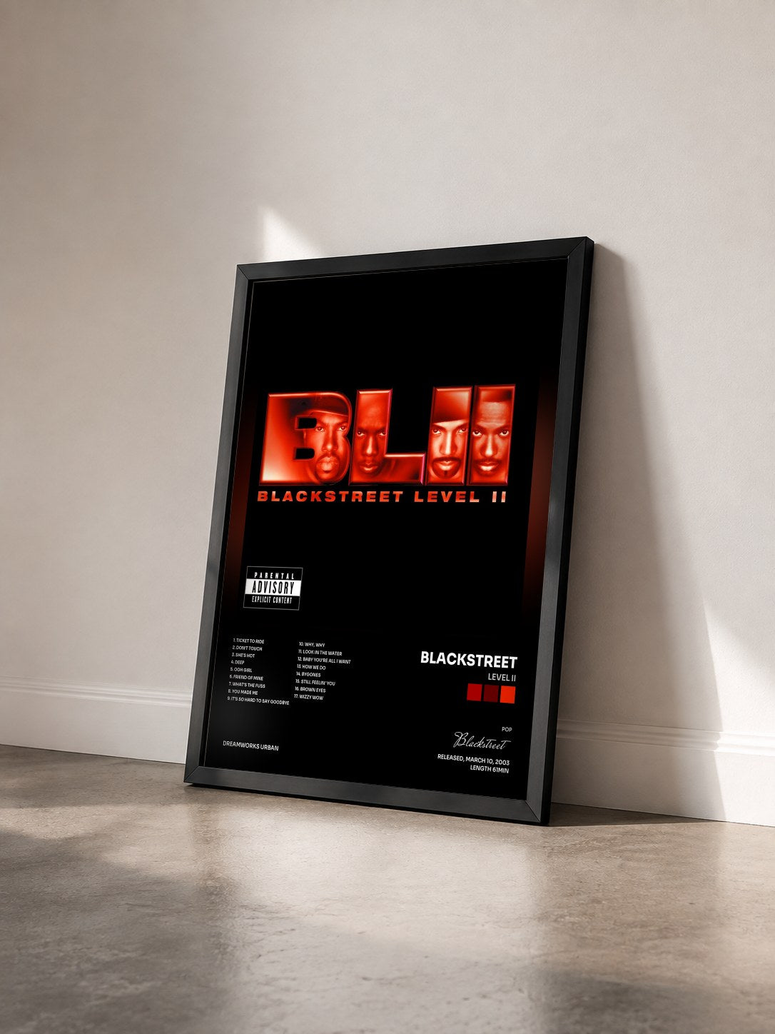 #noir Tableau de l'album Level II de Blackstreet vu de trois quarts, cadre noir