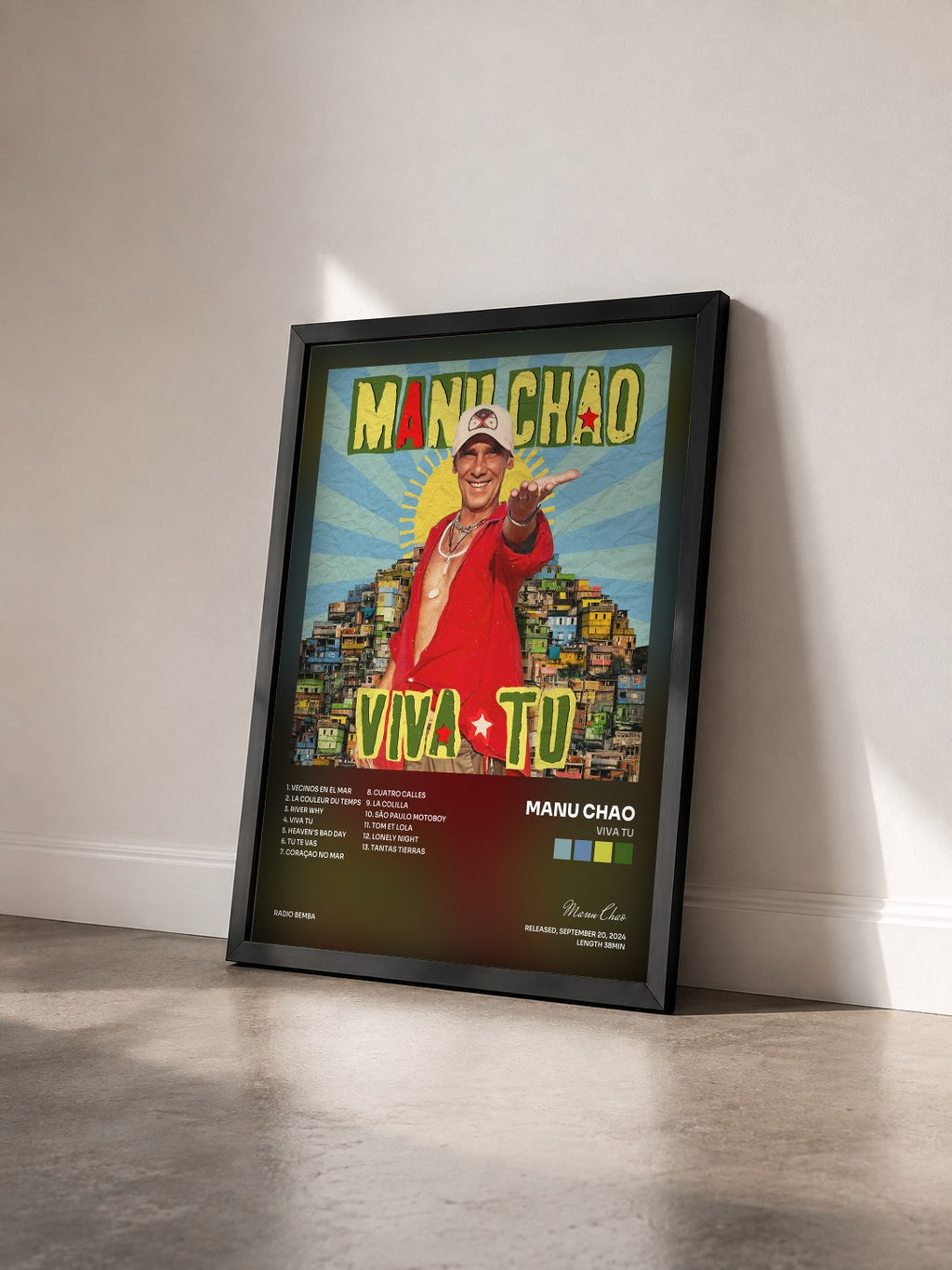 #noir Tableau de l'album Viva Tu de Manu Chao vu de trois quarts, cadre noir