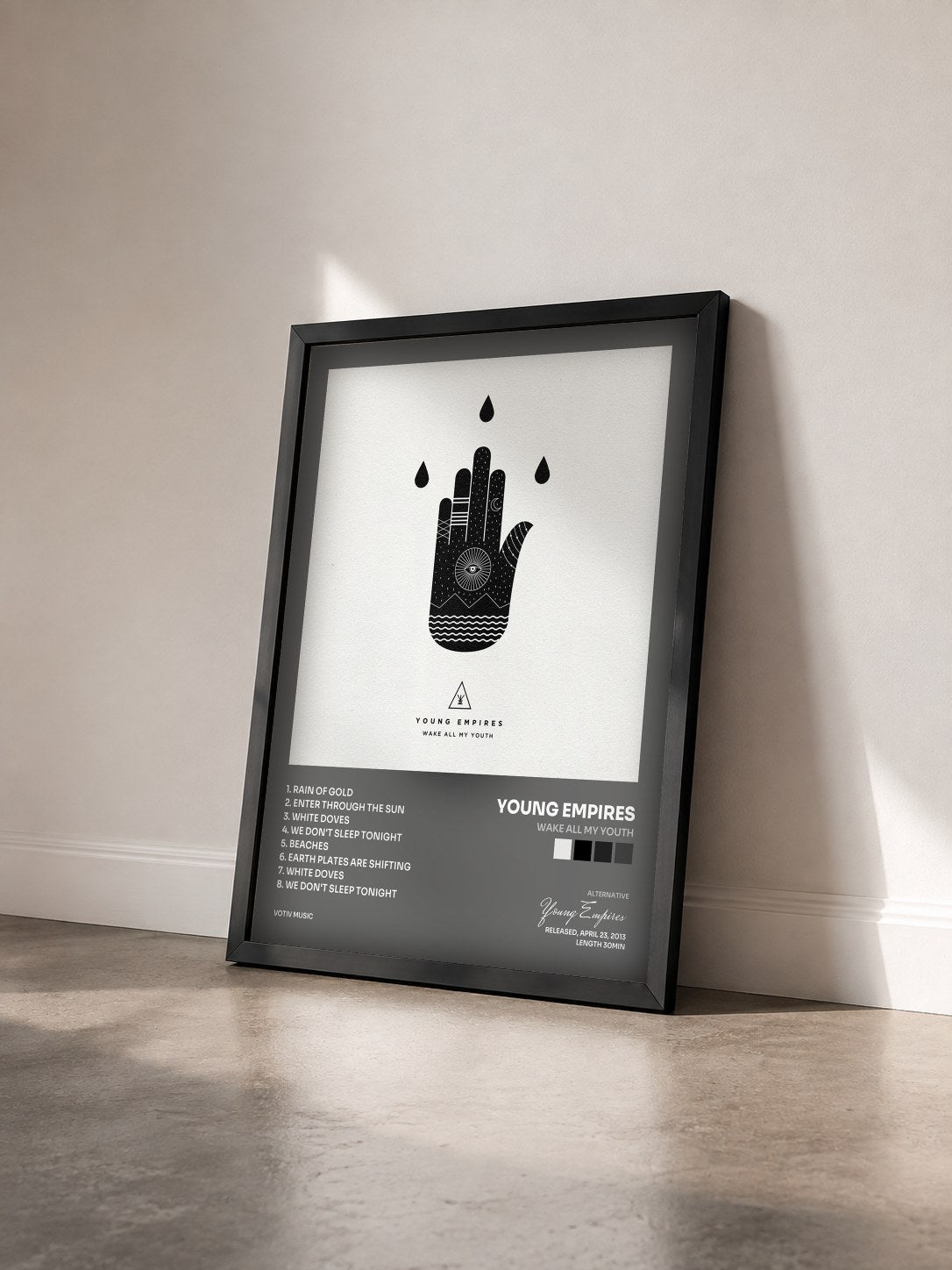 #noir Tableau de l'album Wake All My Youth de Young Empires vu de trois quarts, cadre noir